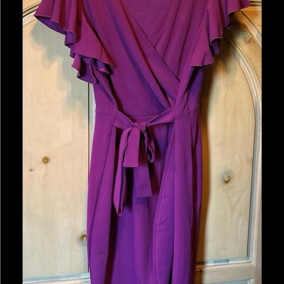 OTEN Women’s Deep V Neck Ruffle Sleeve Sheath Casual Cocktail Faux Wrap Dress - Picture 7 of 9